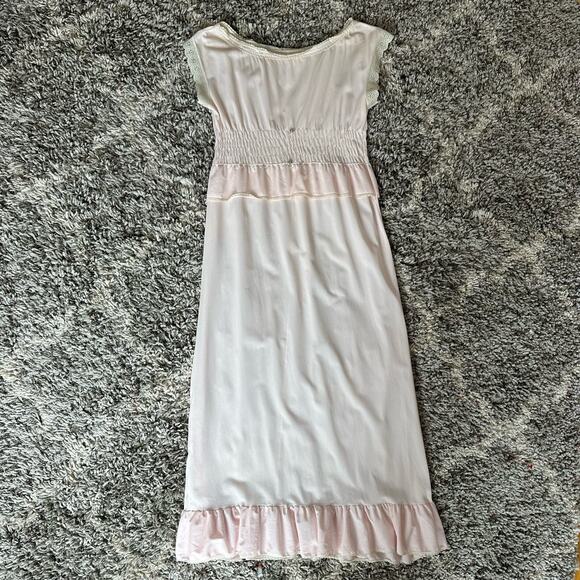 Vintage Her Majesty Blush Pink Smocked Ruffle Nightgown Satin Slip Chemise - Picture 3 of 13